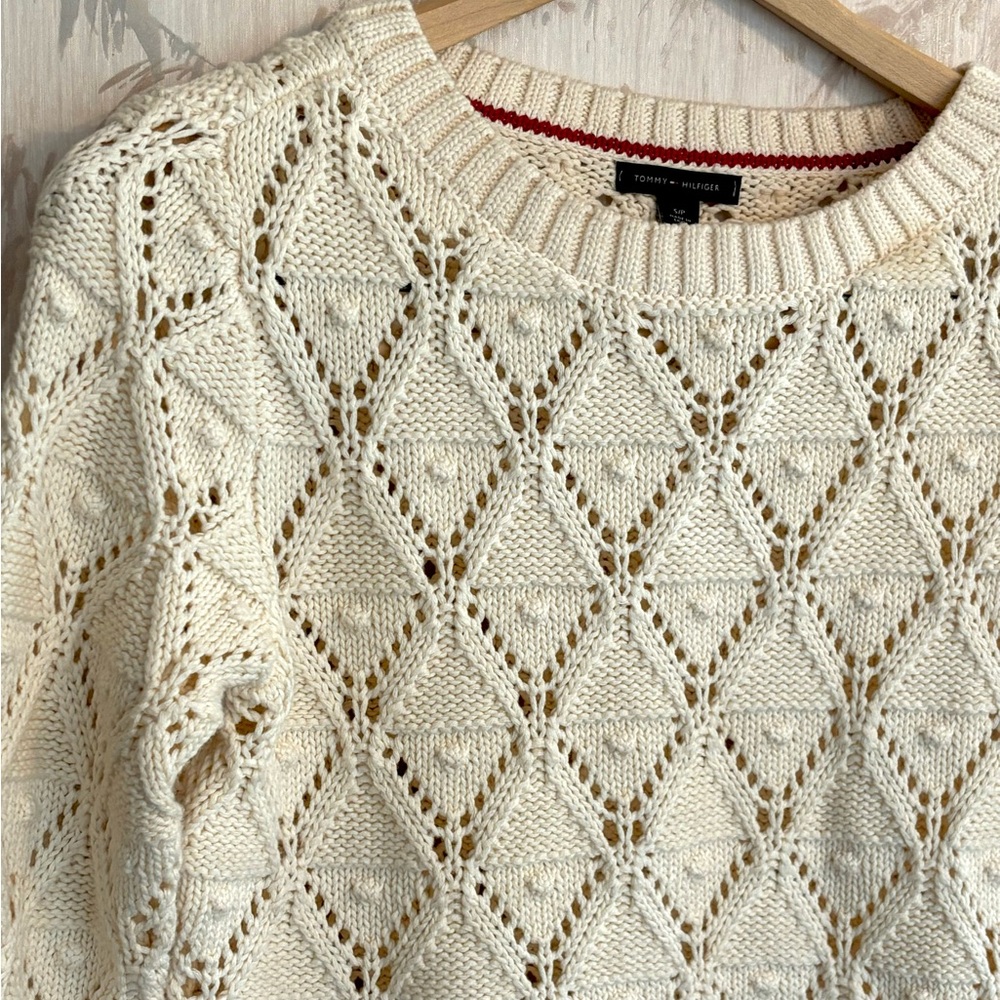 Tommy Hilfiger Cream Open Knit Diamond Pointelle Pom Pom Sweater SP - Picture 2 of 8